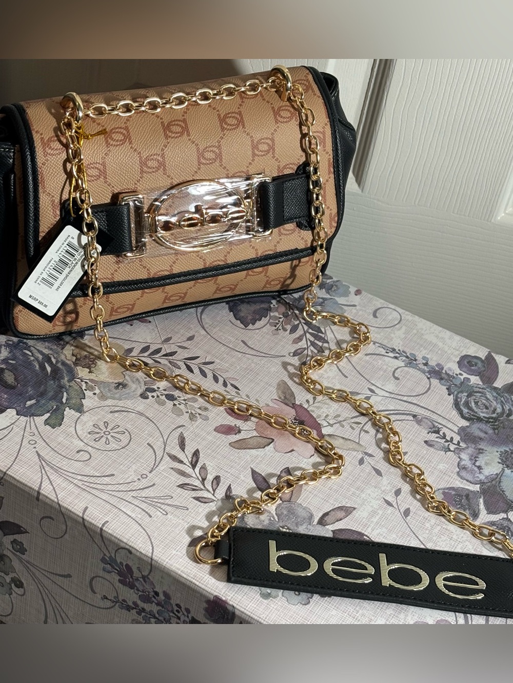 bebe Beige & Black Monogram Bag Shoulder or Crossbody with Gold Hardware - Picture 7 of 8